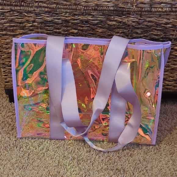Holographic Iridescent Beach Tote Bag with Lavender Straps - Picture 1 of 4